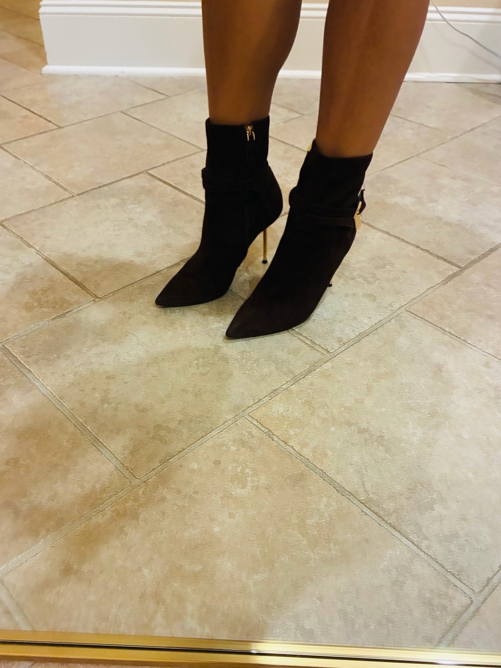 Tom Ford Dark Brown Suede Pointed Ankle Boot with Gold Stiletto Heel - Picture 4 of 11